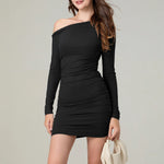 Fashion Off Shoulder Women Ruched Mini Dress Spring Slim Fit Solid Color Slash Neck Long Sleeve Bodycon Dress for Party Club