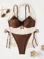 Sexy Tie Side Thong Bikini 2026 Women Brown Metal Chain Strap Front Tie Push Up Underwire Swimsuit Beach Bathing Suit Swimwear