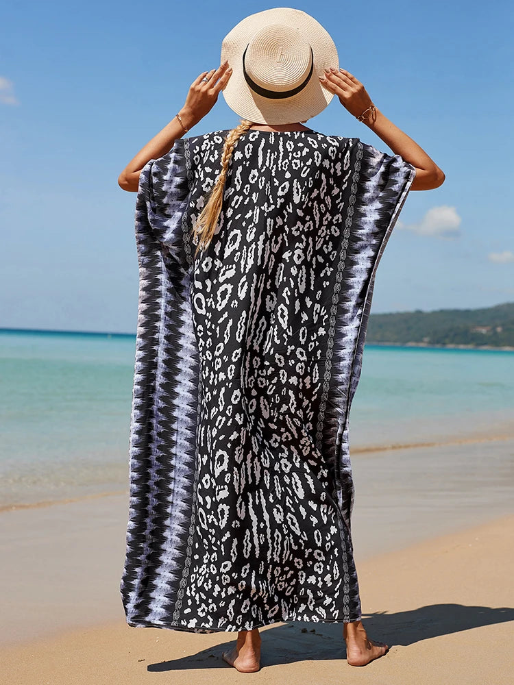 2025 Loose Boho Style Maxi Dress Print Face Swim Suit Cover-up Bohemian Dress Robe Plage Kaftan Maxi Dress Beach Wear Tunics