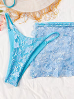 Shiny Sequin Pink Mesh Skirt 3 Piece Bikini Set Women Push Up Bra Thong Swimsuit Brazilian Beach Bathing Suit Holiday Swimwear