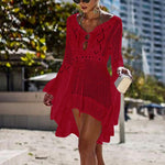 Sexy Women’s Bathing Suit Beach Cover Up Hollow Out Knitted Women Flared Sleeves Solid Color Beach Dress saida de praia