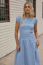Women Smocked Dress Fashion Elegant Gingham Print Long Midi Dress Female Summer Short Sleeve Crew Neck Spring Dress Streetwear