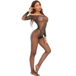 Sexy Hollow Fishnet Women Lingerie Erotic Crotchless Full Sleeve Bodystockings Hot Bling Rhinestone Perspective Teddy Bodysuits