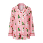 Women's Christmas Two Pieces Pajama Set Long Sleeve Lapel Santa Claus/Christmas Tree Print Shirt Shorts Loose Sleepwear
