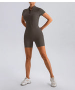 Yoga Jumpsuit Fashion Zipper Dance Short Playsuit Women Romper Short Sleeve Gym Fitness Overalls One Piece Sports Suit Unitard