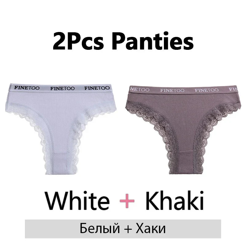 FINETOO 2Pcs/Set Women Cotton Brazilian Panties Plus Size M-2XL Lingerie Sexy Lace Underwear Low Rise Girls Intimates Underpants