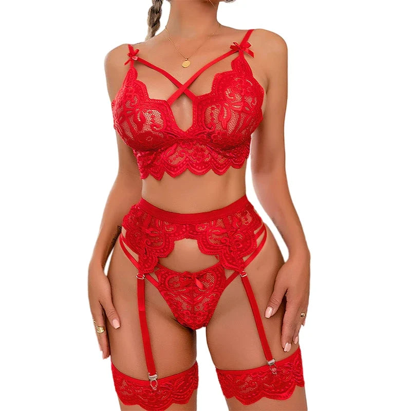 Summer Hot Erotic Lingerie Women Bra And Panty Garters 3 Piece Transparent Sexy Costumes Sexi Women's Underwear Set Plus Size