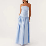 Elegant Strapless Maxi Tube Dress Women Ruched Long Sundress Boat Neck Sleeveless Strapless Flowy Dresses Party Clubwear