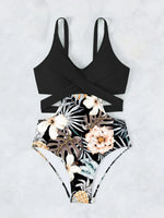 One Piece Swimsuit Women Vintage Green Floral Print Hollow Out Backless High Waist Bikini 2025 Bathing Suit Bandage Swimwear