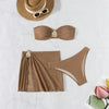 New 3 Pieces Push Up Bandeau Thong Bikini Set Swimsuit Women Brown Swimwear with Sarong Skirts Beach Wear Summer Bathing Suit test
