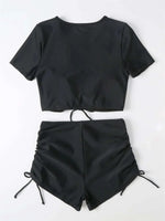 Sexy Drawstring Bikini Set 2026 Women Green Black Short Sleeve Two Piece Swimsuit Summer Bathing Suit Pleate High Waist Swimwear