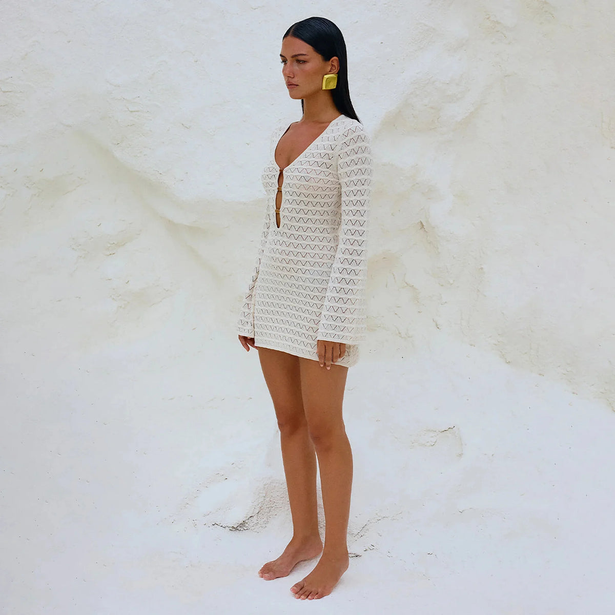 Sexy Boho Striped Chic V-neck Cut Out Bell Sleeve Knit Beach Mini Dress 2025 New Summer Women Seaside Holiday Swimsuit Cover Up