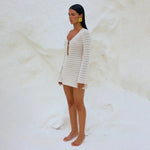 Sexy Boho Striped Chic V-neck Cut Out Bell Sleeve Knit Beach Mini Dress 2025 New Summer Women Seaside Holiday Swimsuit Cover Up