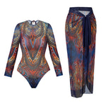 Vintage Blue Ethnic Print One Piece Swimsuit Mesh Long Skirt Set 2026 Women Long Sleeve Slim Fit Swimwear Summer Bathing Suits