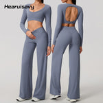 Hearuisavy Sports Set 2Pcs Women'sLong Sleeve Backless Fitted Fitness Top Push Up Pilates Yoga Top Wide Leg Straight Leg Pants