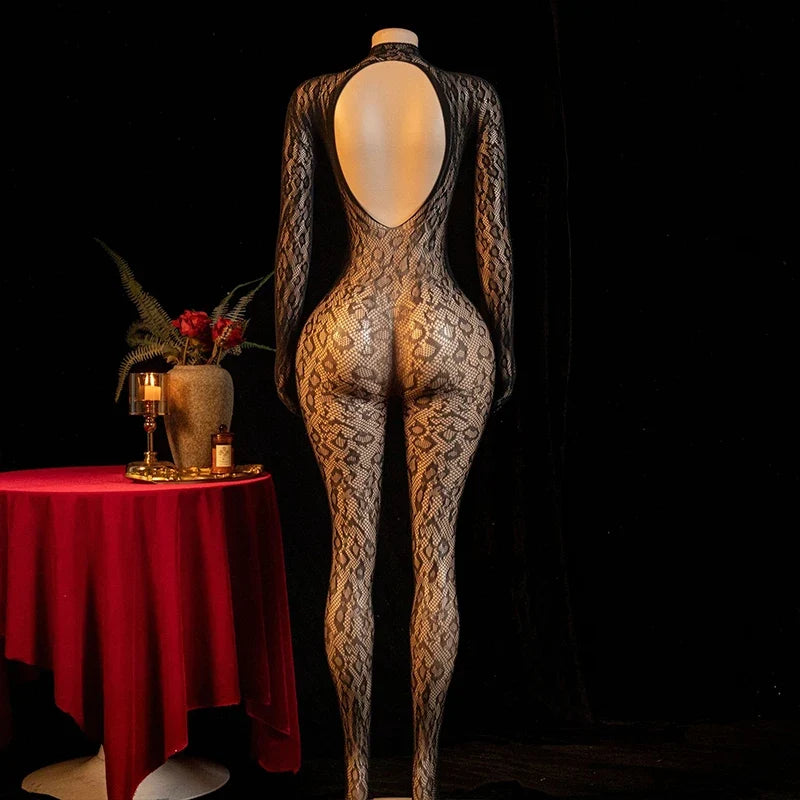 Hot Sexy Lingerie Erotic Crotchless Women Mesh Hollow Bodystockings Full Sleeve LeopardSling Hanging Neck Underwear Body Suits