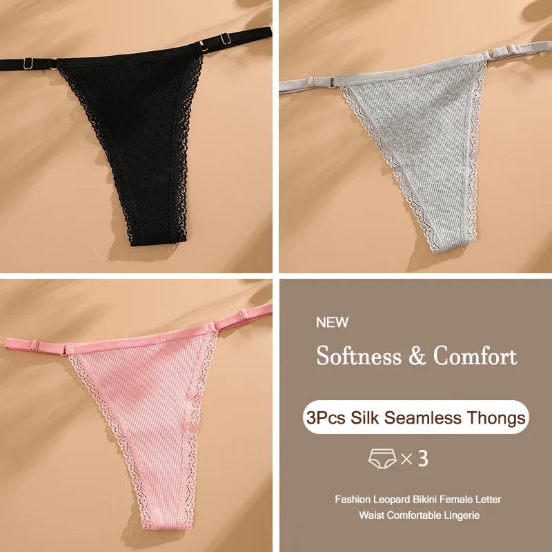 3Pcs G-String Cotton Sexy Women Thongs Adjustable Belt Seamless Panties Breathable Low Waist Lingerie Female Soft Solid Color