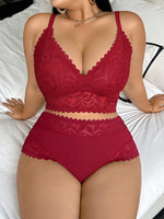 Women's Plus Size Sexy Lingerie Set Lace Floral Mesh Unlined Wireless Bra Breathable Sexy Lace Trim Panties 1Xl-4Xl