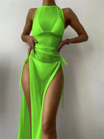 Sexy Sleeveless Mesh Bikini Cover Up Green White Dress 3 Piece Swimsuit Beach See Through Beach Bathing Suit Thong Swimwear 2024