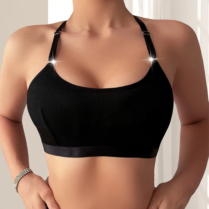 1pcs New Style Ribbed Women Camisole String Pearls Decor Backless Underwear Sexy Lingerie Comfortable Wire-Free No Pad Lady Bras