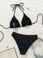 2025 New Women's Black Ground White Dot Printed Swimsuit Halter Neck Low Waist Bikini Set For Summer Female Swimwear Brazilian