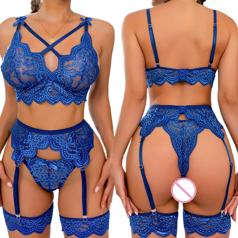 Blue Hot Erotic Mesh Exquisite Lingerie Set Women Lace Bra & Panty &Garter Set Sexy Costume Solid Exotic Lingerie For Ladies
