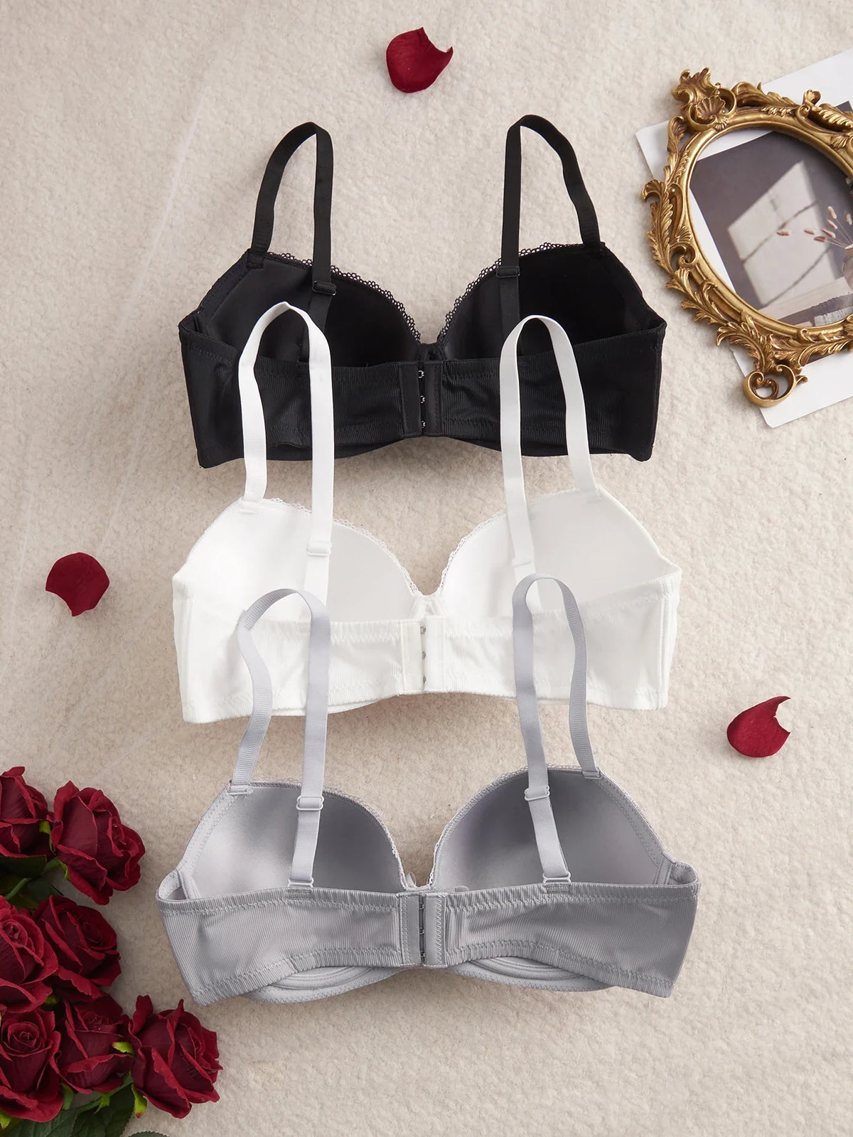 3PCS Plus Size Women's Underwear Set Lace Trim Ribbed Push up Bra Wide Shoulder Straps Underwire Thin Cup Comfy Lingerie Bra