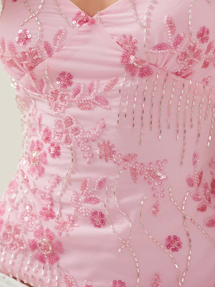 Fashion Chiffon Sleeveless Backless Tops Sexy Deep V-neck Beading Sequin Flower Summer Back Bandage Vest Women Camisole