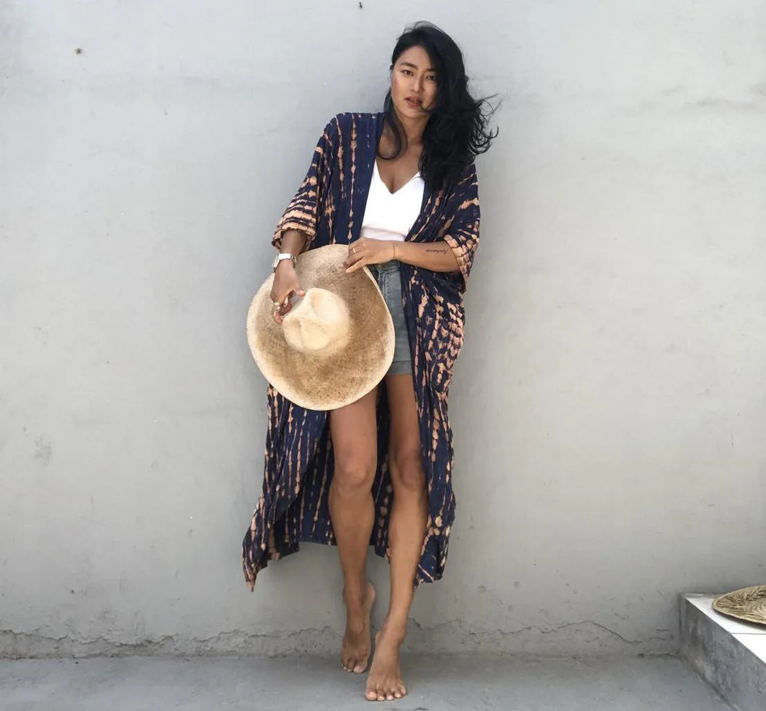 Beach Cover Ups for Swimwear Women Black Tie Dye Kimono Swimsuit Cape Summer Dress 2022 Beachwear Outfits Sales