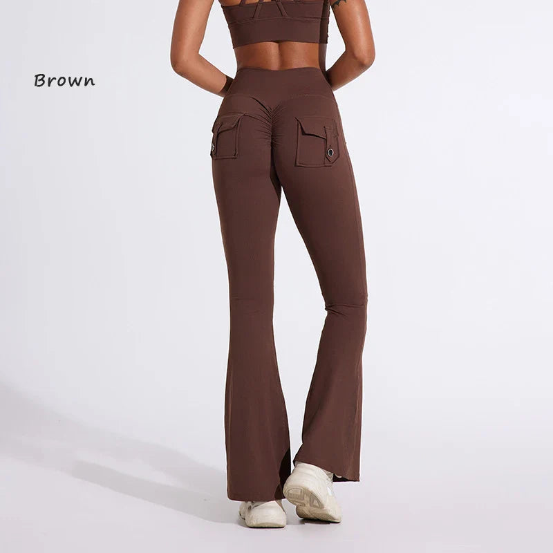 DIAS FIT JOY Women's pocket bell bottoms yoga high waisted hip lifting fitness pants quick drying running exercise fitness gym