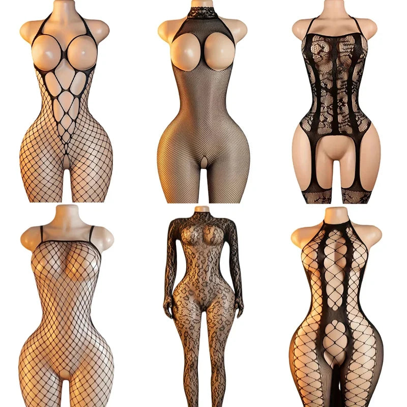 Sexy Big Loophole Open Bra BodySuits Erotic Crotchless Lingerie Women Fishnet Hollow Exposed Breast Adult Plus Size Underwear