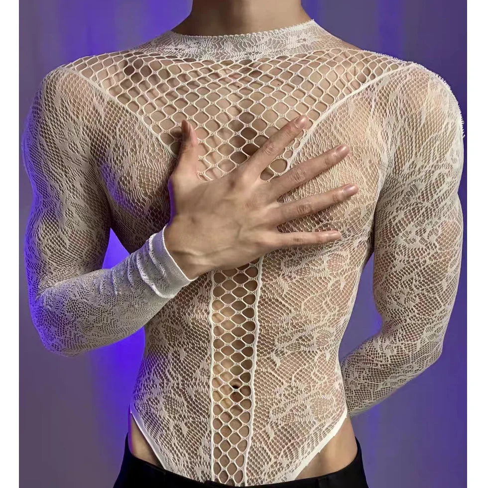 New American Style Fashion Men Vests Tops Crew Neck Sexy HollowMesh Bodysuit CasualLong Sleeve Tank Clubwear Party Costume