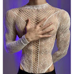 New American Style Fashion Men Vests Tops Crew Neck Sexy HollowMesh Bodysuit CasualLong Sleeve Tank Clubwear Party Costume