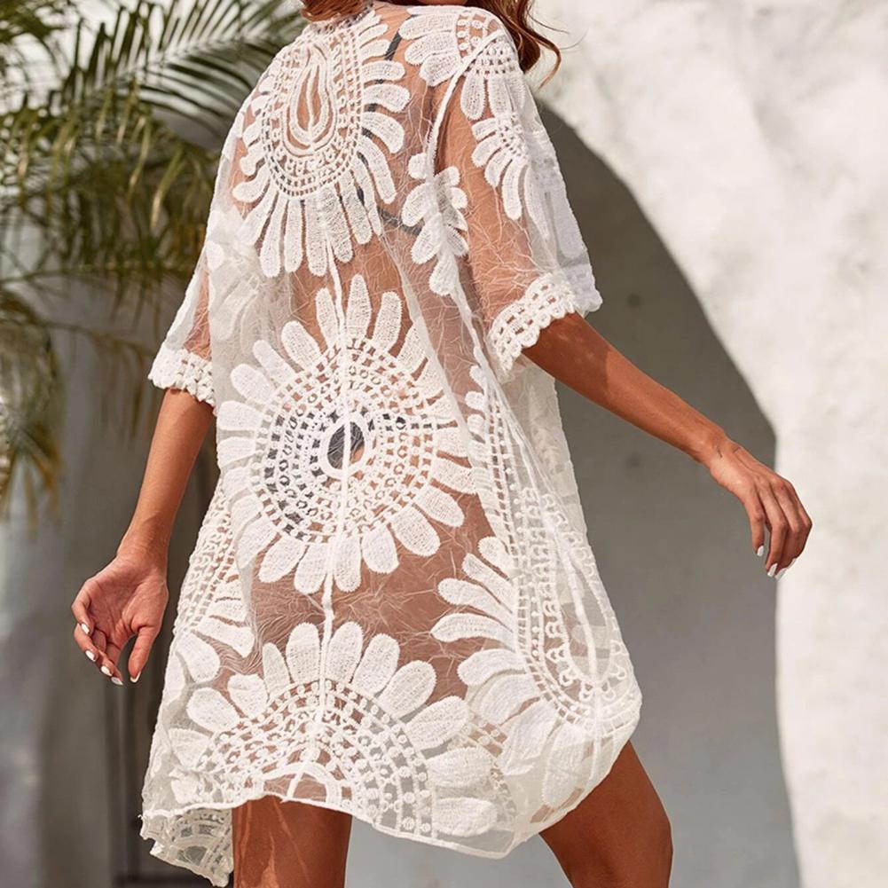 One SizeSexy Lace Up Summer Beach Cover Up Solid Color Women Beach Dress Flower Embroidery Women Clothes