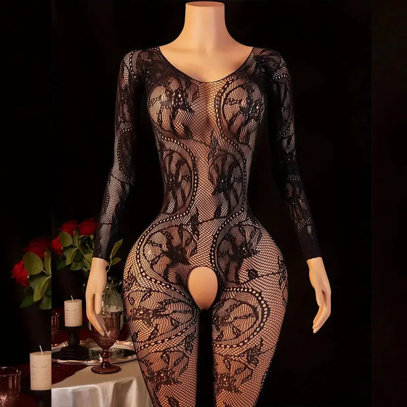 Hot Sexy Lingerie Erotic Crotchless Women Mesh Hollow Bodystockings Full Sleeve LeopardSling Hanging Neck Underwear Body Suits