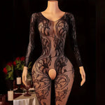 Hot Sexy Lingerie Erotic Crotchless Women Mesh Hollow Bodystockings Full Sleeve LeopardSling Hanging Neck Underwear Body Suits