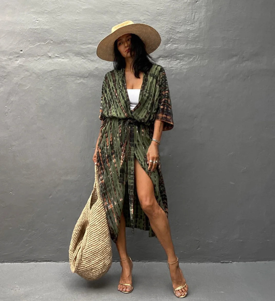 Beach Cover Ups for Swimwear Women Black Tie Dye Kimono Swimsuit Cape Summer Dress 2022 Beachwear Outfits Sales