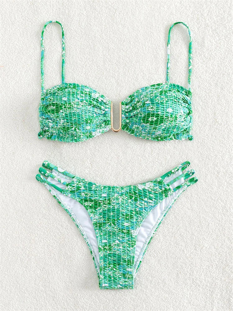 Sexy Pleate Micro Bikini Women U Neck Push Up Orange Floral Print Micro Swimsuit 2025 Summer Bathing Suit Lace Up Thong Swimwear