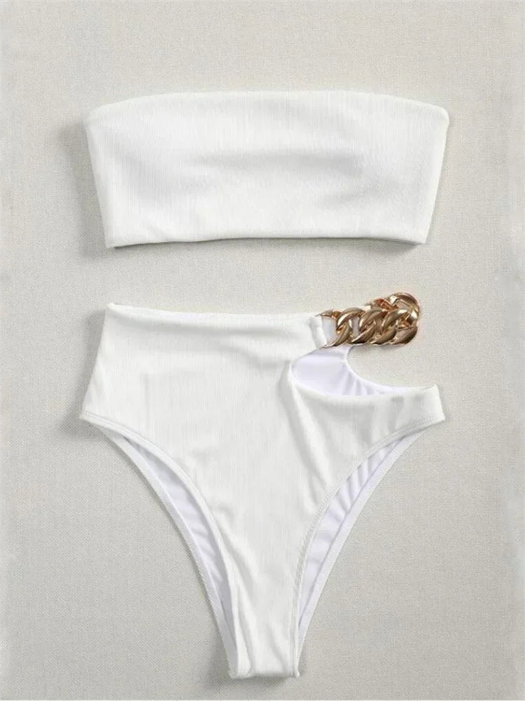Bandeau Bikini 2025 Women Sexy White Black Cut Out Metal High Waist Swimsuit Female Off Shoulder Bathing Suit Swimwear Beachwear