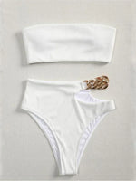Bandeau Bikini 2025 Women Sexy White Black Cut Out Metal High Waist Swimsuit Female Off Shoulder Bathing Suit Swimwear Beachwear