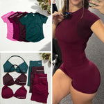 3 Pcs Gym Set Woman Short Sleeve Sport T-Shirt & Seamless Scrunch Gym Shorts & Strappy Bra Fitness Workout Suits Gym Clothing