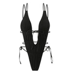 2026 New Deep V One Piece Black Swimsuit Halter Solid Color Women's Backless Bathing Suit Bandage White Swimwear For Female
