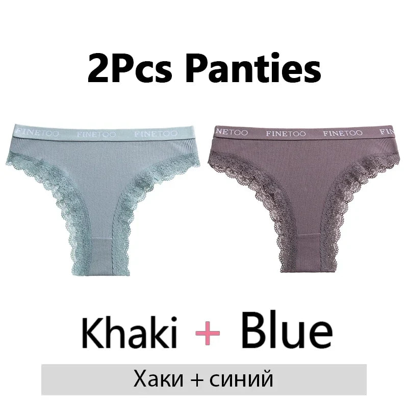 FINETOO 2Pcs/Set Women Cotton Brazilian Panties Plus Size M-2XL Lingerie Sexy Lace Underwear Low Rise Girls Intimates Underpants