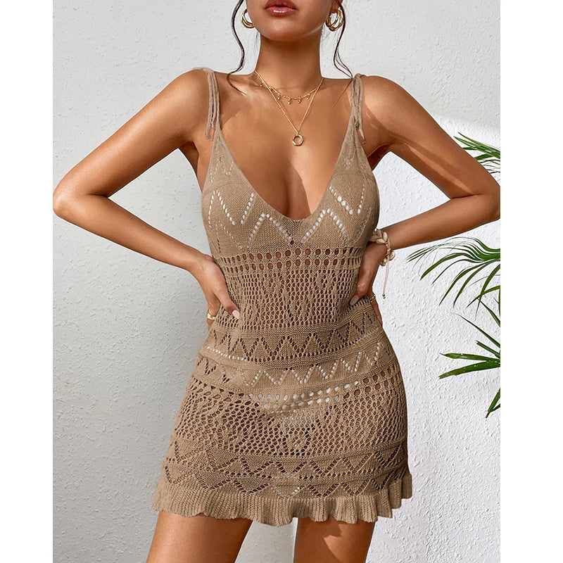 Halter Dress Clothes Women Summer Solid Color Sleeveless Knitted Cover Up BacklessStylish Beach Dresses