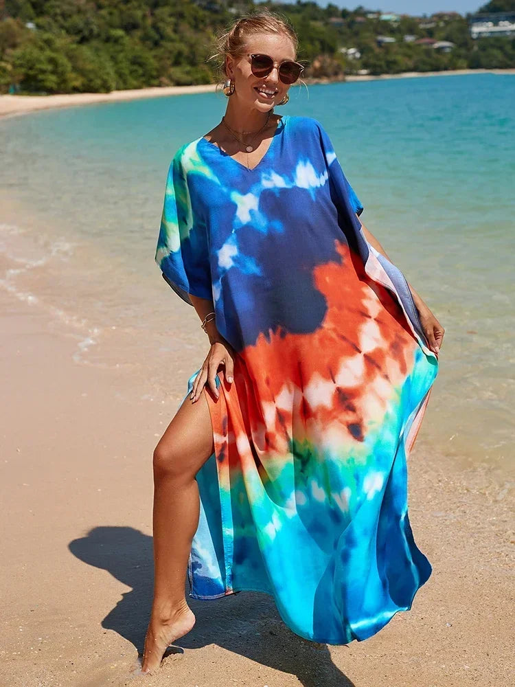 2025 Loose Boho Style Maxi Dress Print Face Swim Suit Cover-up Bohemian Dress Robe Plage Kaftan Maxi Dress Beach Wear Tunics