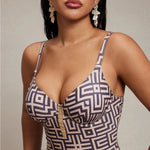 Sexy Coffee Geometry Print One Piece Swimsuit 2026 Women Underwire Push Up Bandage Back Cross Slim Fit Bathing Suit Swimwear