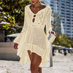 Sexy Women’s Bathing Suit Beach Cover Up Hollow Out Knitted Women Flared Sleeves Solid Color Beach Dress saida de praia