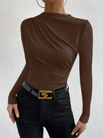 Casual Pleated Mock Neck Long Sleeve T-shirt for Women Autumn Winter Spring Solid Color Ruched Skinny Slim Fit Blouse Top Tshirt