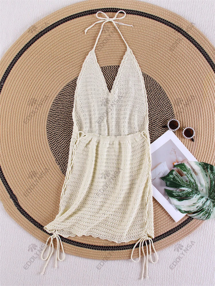 Solid Knit Halter V-neck Side Cross Straps Slim Beach Mini Dress 2026 Women Crochet Beach Swimsuit Cover Up Vacation Outfit K104