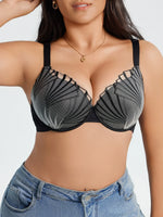 Everyday Plus Size Women's Push up Bra Fan Embroidery, Thin Cup, Comfortable Underwire Support Lingerie
